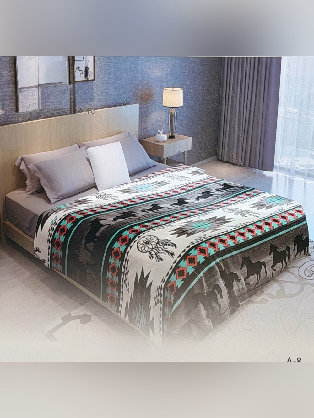 New king  size Southwestern Dreamcatcher Plush Bed Blanket White/Turquoise/Black